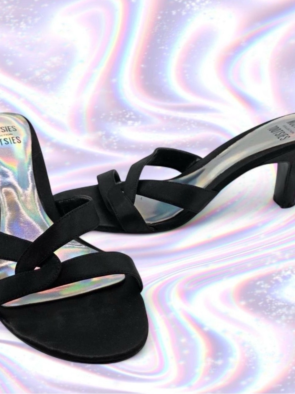 Mootsies Tootsies Black Strappy Kitten Mid-Heel Mules